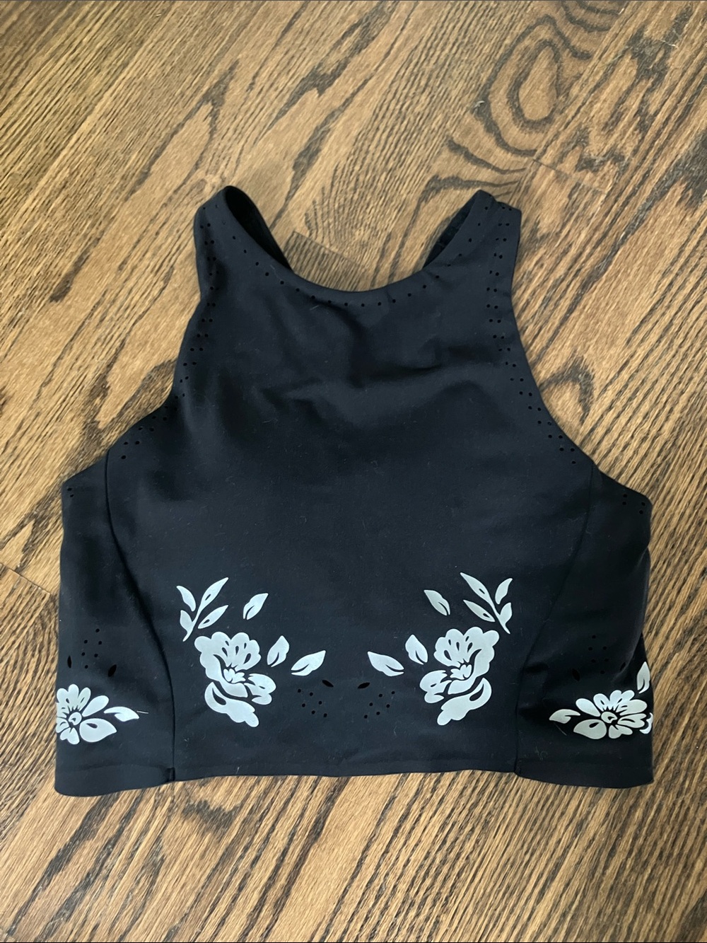 Athleta Black Floral Laser-Cut Conscious Crop Bra Top - Picture 3 of 7